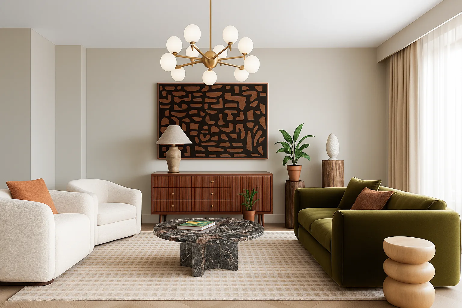Living room render with velvet sofa, bouclé armchairs, marble coffee table and brass chandelier