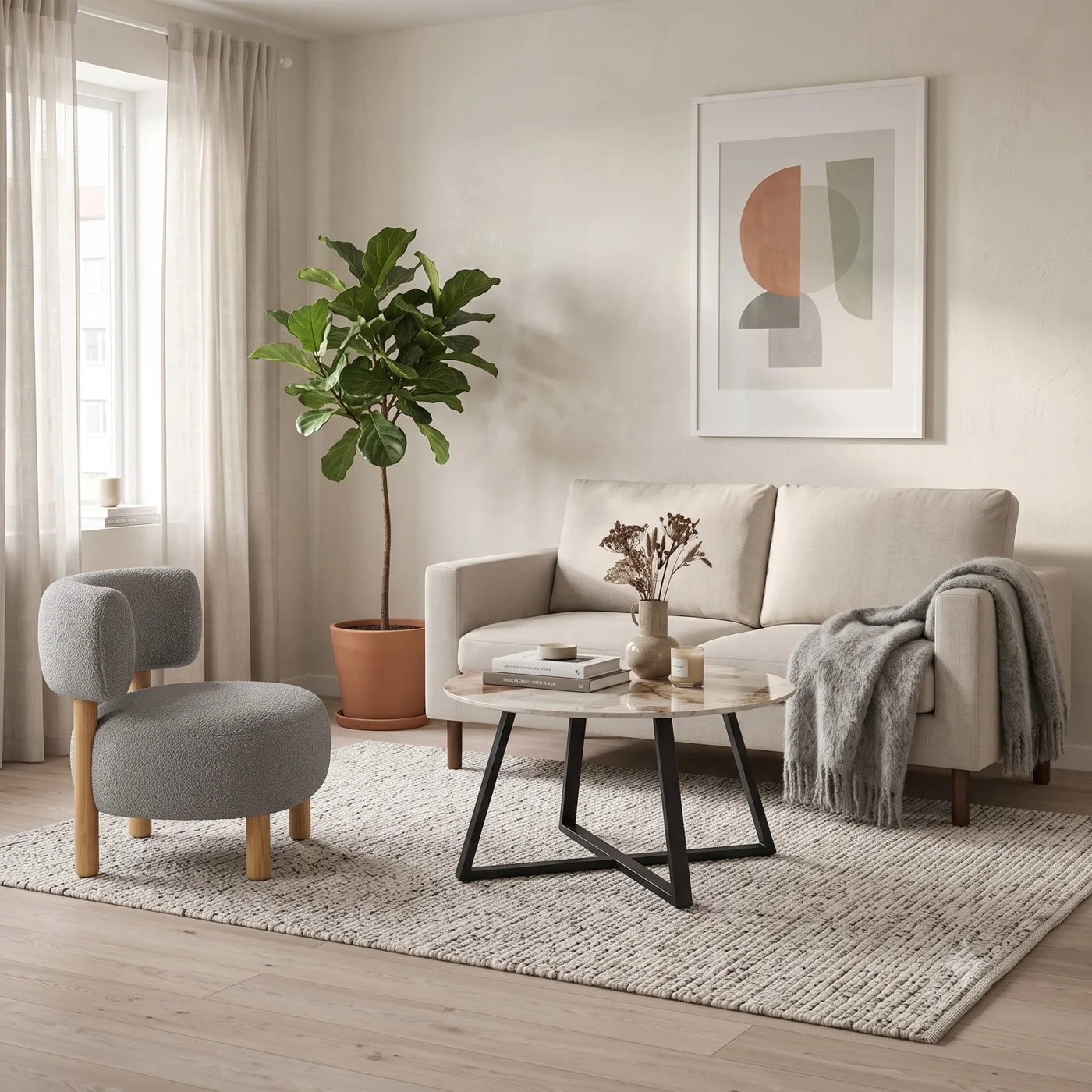 Sample living room render: linen sofa, marble coffee table and grey bouclé armchair